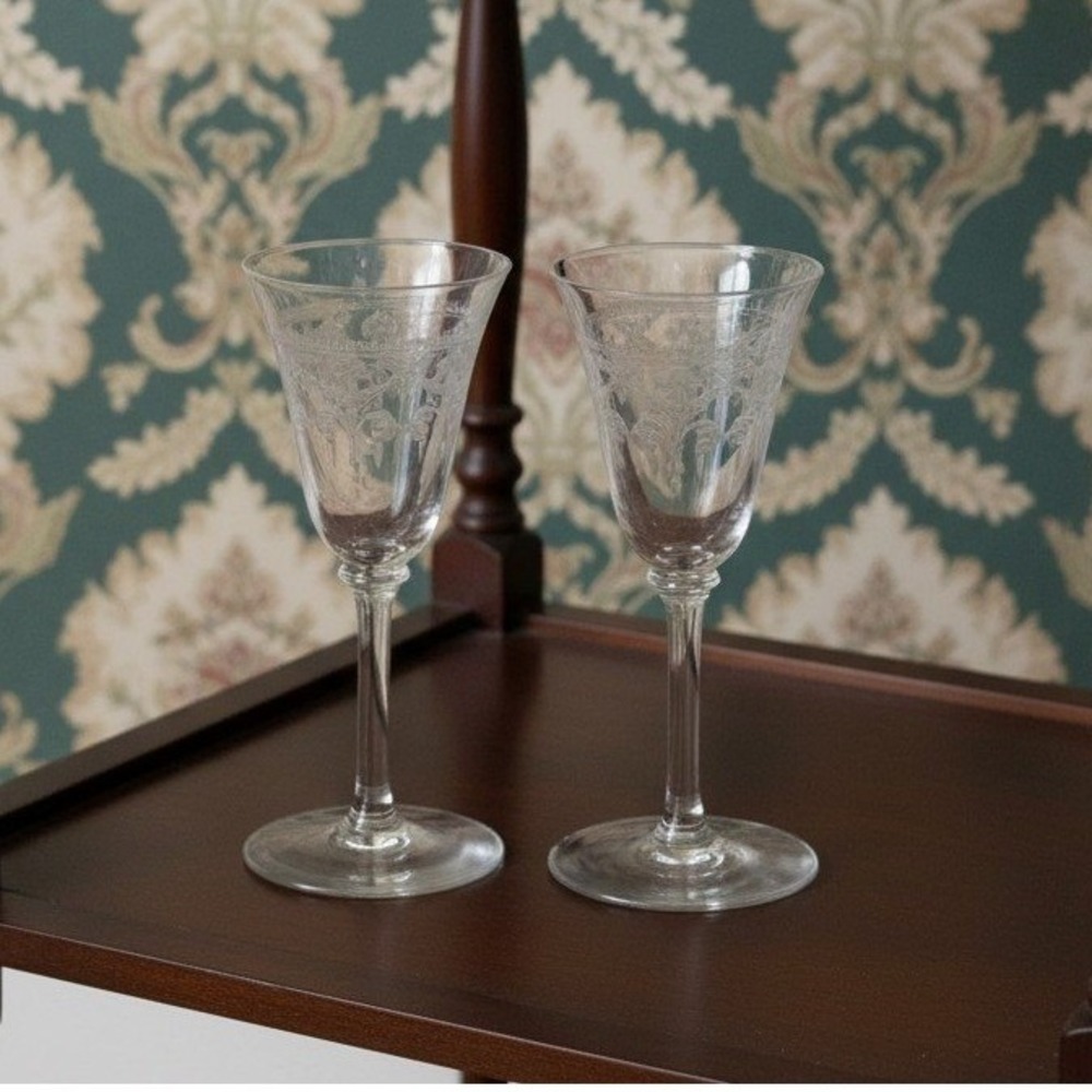 Bryce Glass Sherry‎ Glasses, Set of 2, Vintage Etched Ribbons & Flowers Cordials